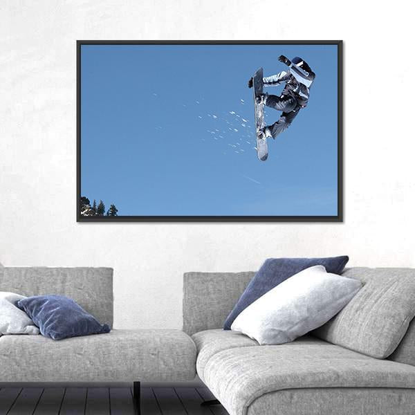 Snowboarder Jumping High At Lake Tahoe Resort Canvas Wall Art-3 Horizontal-Gallery Wrap-25" x 16"-Tiaracle