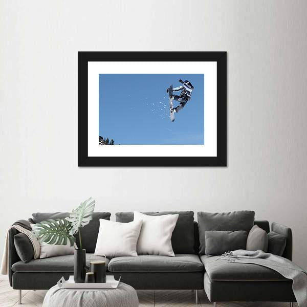 Snowboarder Jumping High At Lake Tahoe Resort Canvas Wall Art-3 Horizontal-Gallery Wrap-25" x 16"-Tiaracle