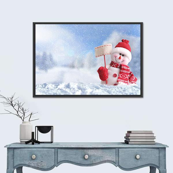 Snowman With A Blank Placard In His Hand Canvas Wall Art-1 Piece-Floating Frame-24" x 16"-Tiaracle