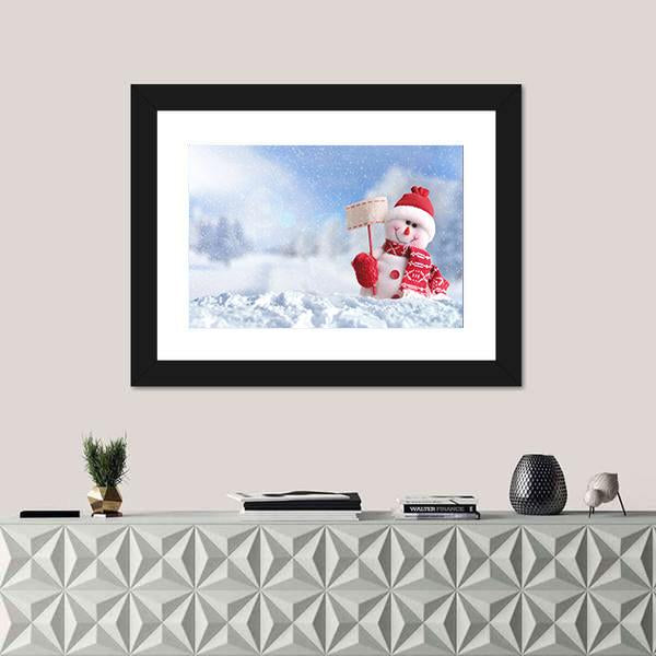 Snowman With A Blank Placard In His Hand Canvas Wall Art-1 Piece-Framed Print-20" x 16"-Tiaracle