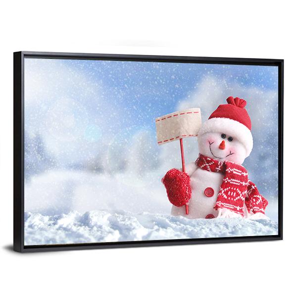 Snowman With A Blank Placard In His Hand Canvas Wall Art-3 Horizontal-Gallery Wrap-25" x 16"-Tiaracle