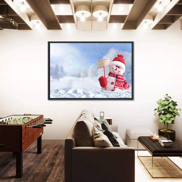 Snowman With A Blank Placard In His Hand Canvas Wall Art-3 Horizontal-Gallery Wrap-25" x 16"-Tiaracle