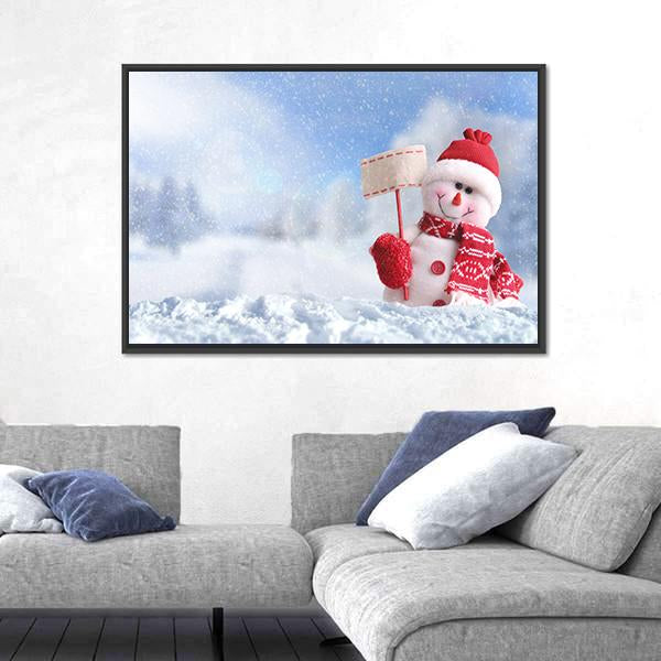 Snowman With A Blank Placard In His Hand Canvas Wall Art-3 Horizontal-Gallery Wrap-25" x 16"-Tiaracle