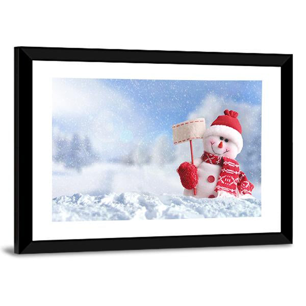 Snowman With A Blank Placard In His Hand Canvas Wall Art-3 Horizontal-Gallery Wrap-25" x 16"-Tiaracle