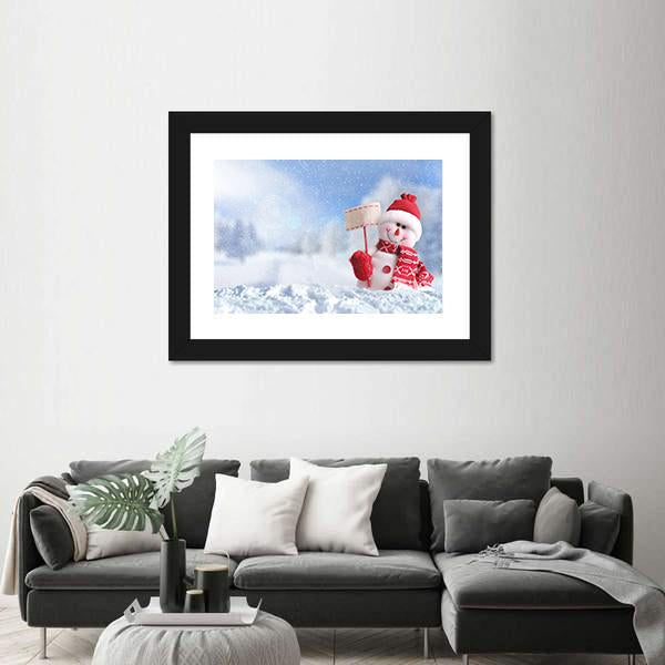 Snowman With A Blank Placard In His Hand Canvas Wall Art-3 Horizontal-Gallery Wrap-25" x 16"-Tiaracle