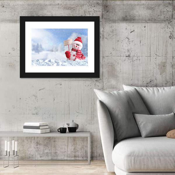 Snowman With A Blank Placard In His Hand Canvas Wall Art-3 Horizontal-Gallery Wrap-25" x 16"-Tiaracle