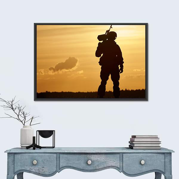 Soldier With Machine Gun At Sunset Canvas Wall Art-1 Piece-Floating Frame-24" x 16"-Tiaracle