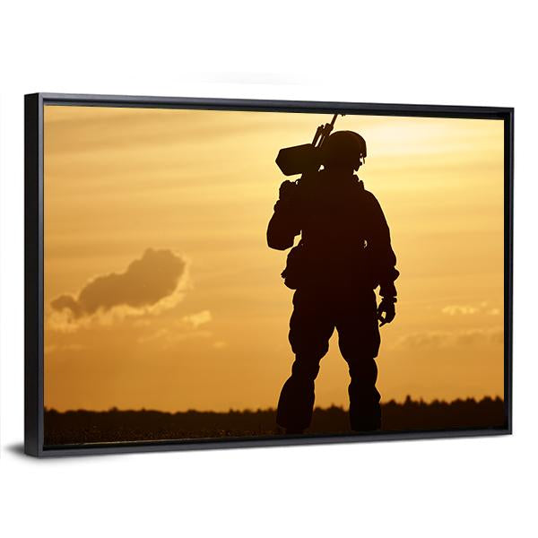 Soldier With Machine Gun At Sunset Canvas Wall Art-3 Horizontal-Gallery Wrap-25" x 16"-Tiaracle