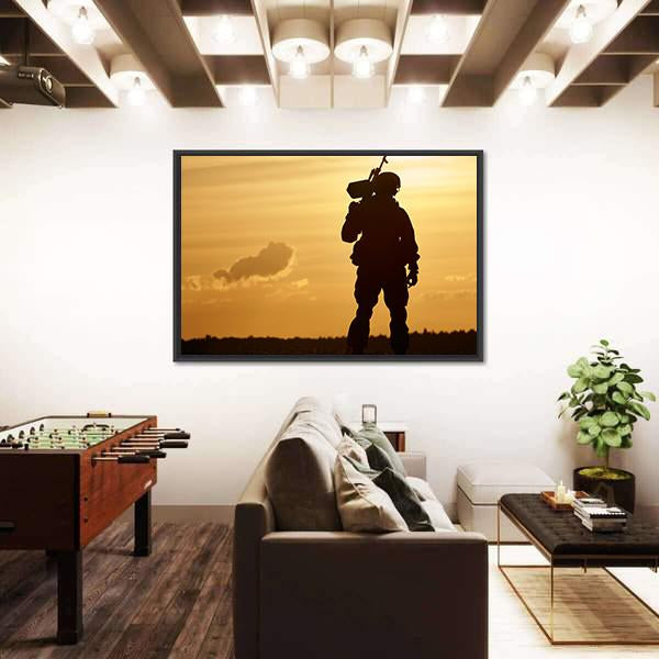 Soldier With Machine Gun At Sunset Canvas Wall Art-3 Horizontal-Gallery Wrap-25" x 16"-Tiaracle