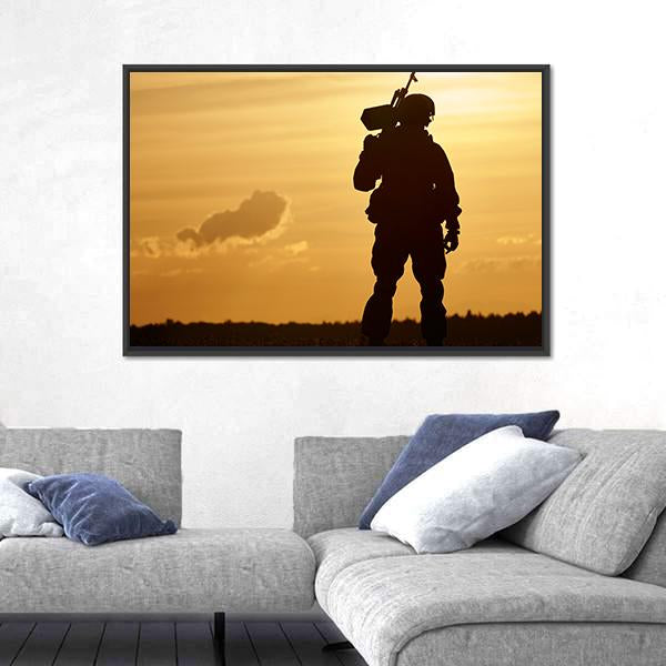 Soldier With Machine Gun At Sunset Canvas Wall Art-3 Horizontal-Gallery Wrap-25" x 16"-Tiaracle