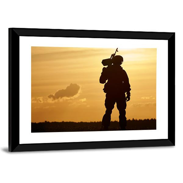 Soldier With Machine Gun At Sunset Canvas Wall Art-3 Horizontal-Gallery Wrap-25" x 16"-Tiaracle