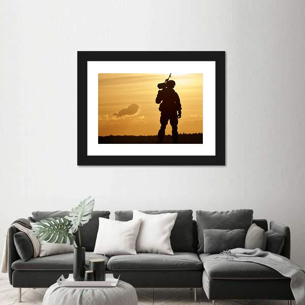 Soldier With Machine Gun At Sunset Canvas Wall Art-3 Horizontal-Gallery Wrap-25" x 16"-Tiaracle