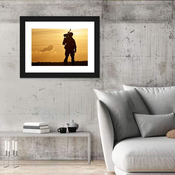 Soldier With Machine Gun At Sunset Canvas Wall Art-3 Horizontal-Gallery Wrap-25" x 16"-Tiaracle