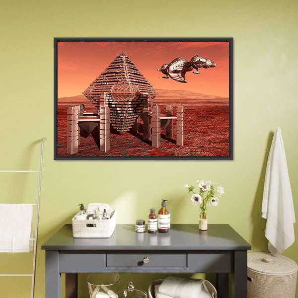 Space Station In Mars Canvas Wall Art-1 Piece-Floating Frame-24" x 16"-Tiaracle