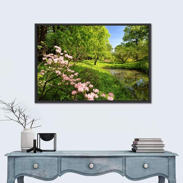 Spring Landscape With Pond And Rhododendron Canvas Wall Art-1 Piece-Floating Frame-24" x 16"-Tiaracle