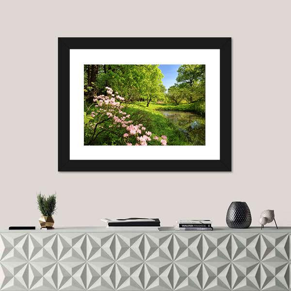 Spring Landscape With Pond And Rhododendron Canvas Wall Art-1 Piece-Framed Print-20" x 16"-Tiaracle