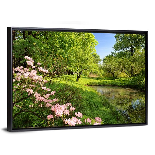 Spring Landscape With Pond And Rhododendron Canvas Wall Art-3 Horizontal-Gallery Wrap-25" x 16"-Tiaracle