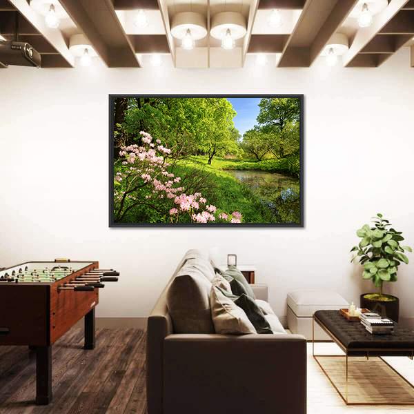 Spring Landscape With Pond And Rhododendron Canvas Wall Art-3 Horizontal-Gallery Wrap-25" x 16"-Tiaracle