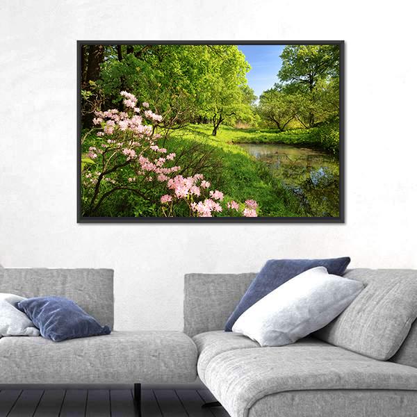 Spring Landscape With Pond And Rhododendron Canvas Wall Art-3 Horizontal-Gallery Wrap-25" x 16"-Tiaracle