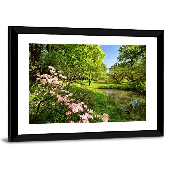 Spring Landscape With Pond And Rhododendron Canvas Wall Art-3 Horizontal-Gallery Wrap-25" x 16"-Tiaracle