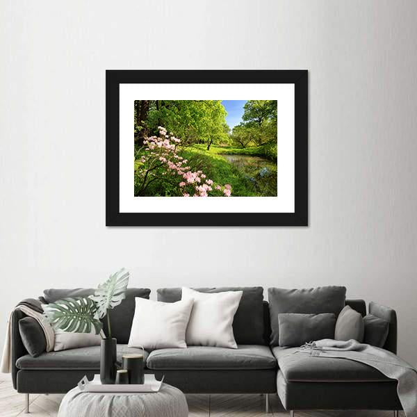 Spring Landscape With Pond And Rhododendron Canvas Wall Art-3 Horizontal-Gallery Wrap-25" x 16"-Tiaracle