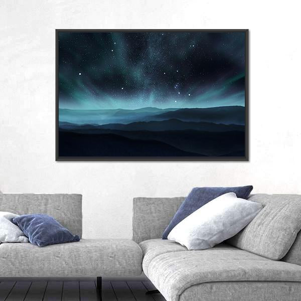 Starry Night Sky With Aurora Over Hills Canvas Wall Art-1 Piece-Floating Frame-24" x 16"-Tiaracle