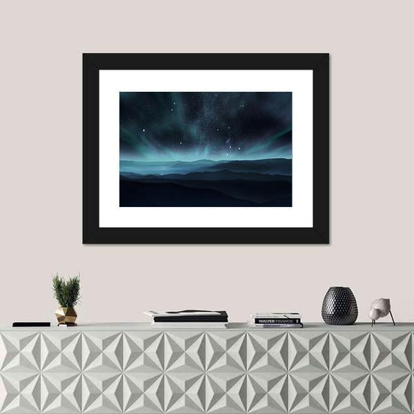 Starry Night Sky With Aurora Over Hills Canvas Wall Art-1 Piece-Framed Print-20" x 16"-Tiaracle