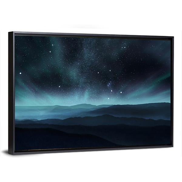 Starry Night Sky With Aurora Over Hills Canvas Wall Art-3 Horizontal-Gallery Wrap-25" x 16"-Tiaracle