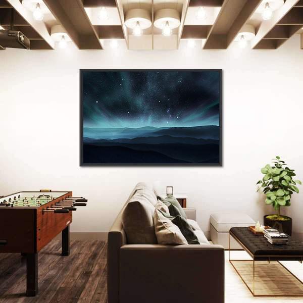 Starry Night Sky With Aurora Over Hills Canvas Wall Art-3 Horizontal-Gallery Wrap-25" x 16"-Tiaracle