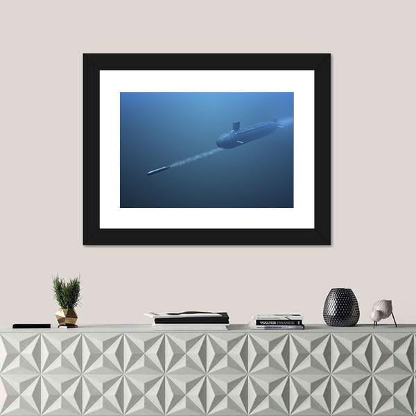 Submarine Shooting Missle Side View Canvas Wall Art-1 Piece-Framed Print-20" x 16"-Tiaracle