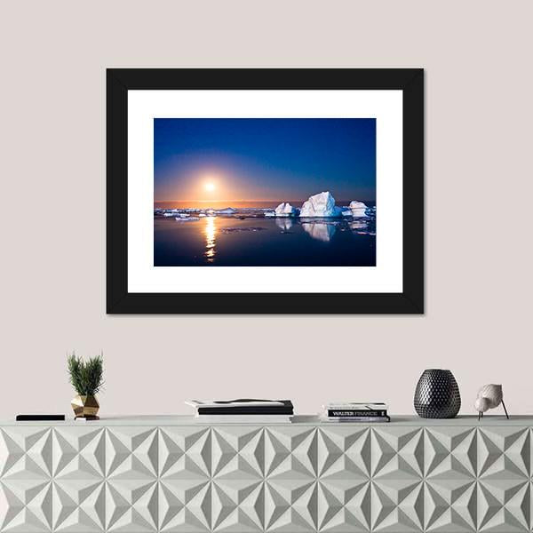 Summer Night In Antarctica Icebergs Floating In The Moonlight Canvas Wall Art-1 Piece-Framed Print-20" x 16"-Tiaracle