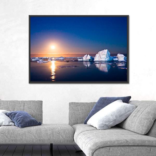 Summer Night In Antarctica Icebergs Floating In The Moonlight Canvas Wall Art-3 Horizontal-Gallery Wrap-25" x 16"-Tiaracle