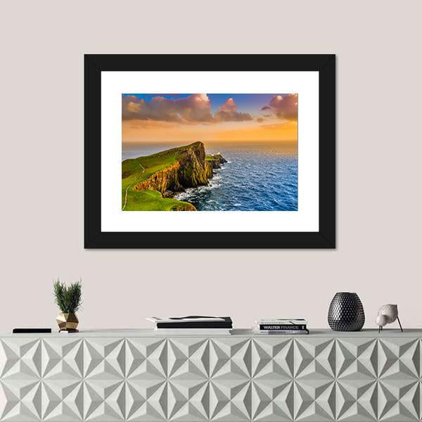 Sunset At Neist Point Lighthouse Canvas Wall Art-1 Piece-Framed Print-20" x 16"-Tiaracle