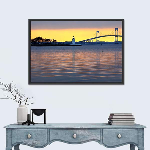 Sunset Over Bridge And Lighthouse Canvas Wall Art-1 Piece-Floating Frame-24" x 16"-Tiaracle