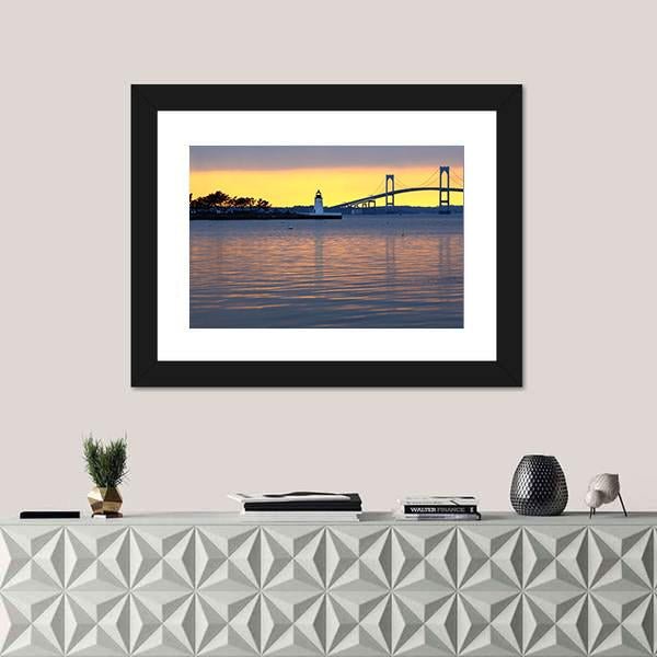 Sunset Over Bridge And Lighthouse Canvas Wall Art-1 Piece-Framed Print-20" x 16"-Tiaracle