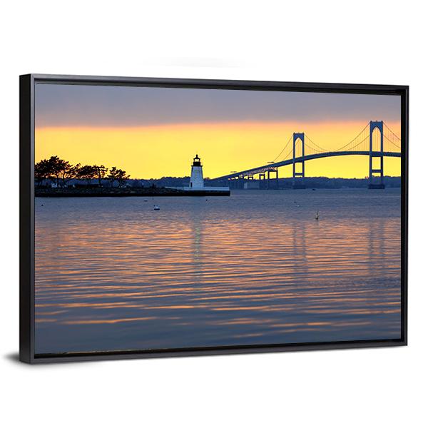 Sunset Over Bridge And Lighthouse Canvas Wall Art-3 Horizontal-Gallery Wrap-25" x 16"-Tiaracle