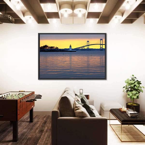 Sunset Over Bridge And Lighthouse Canvas Wall Art-3 Horizontal-Gallery Wrap-25" x 16"-Tiaracle