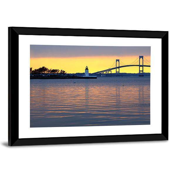 Sunset Over Bridge And Lighthouse Canvas Wall Art-3 Horizontal-Gallery Wrap-25" x 16"-Tiaracle