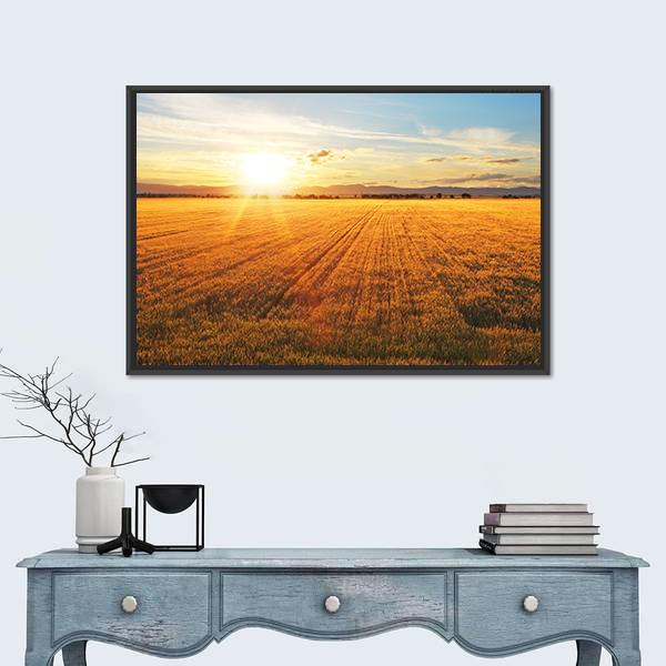 Sunset Over Wheat Field Canvas Wall Art-1 Piece-Floating Frame-24" x 16"-Tiaracle