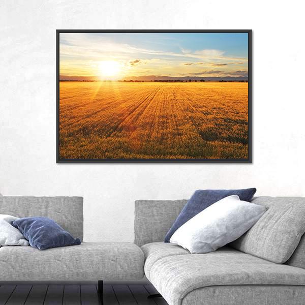 Sunset Over Wheat Field Canvas Wall Art-3 Horizontal-Gallery Wrap-25" x 16"-Tiaracle