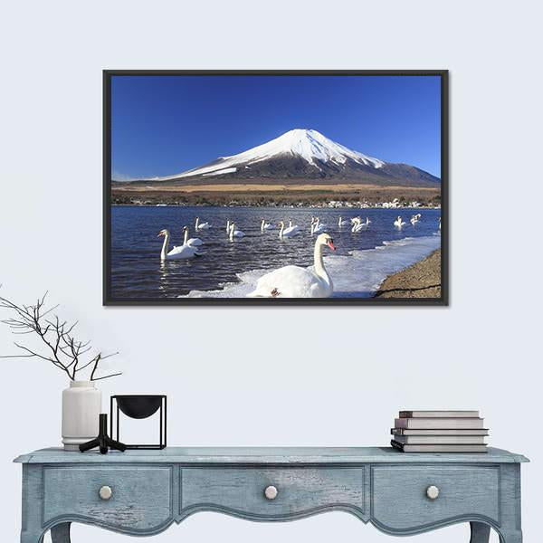 Swans Infront Of Mount Fuji Canvas Wall Art-1 Piece-Floating Frame-24" x 16"-Tiaracle