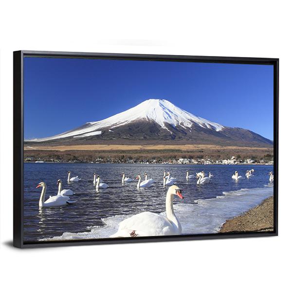 Swans Infront Of Mount Fuji Canvas Wall Art-3 Horizontal-Gallery Wrap-25" x 16"-Tiaracle