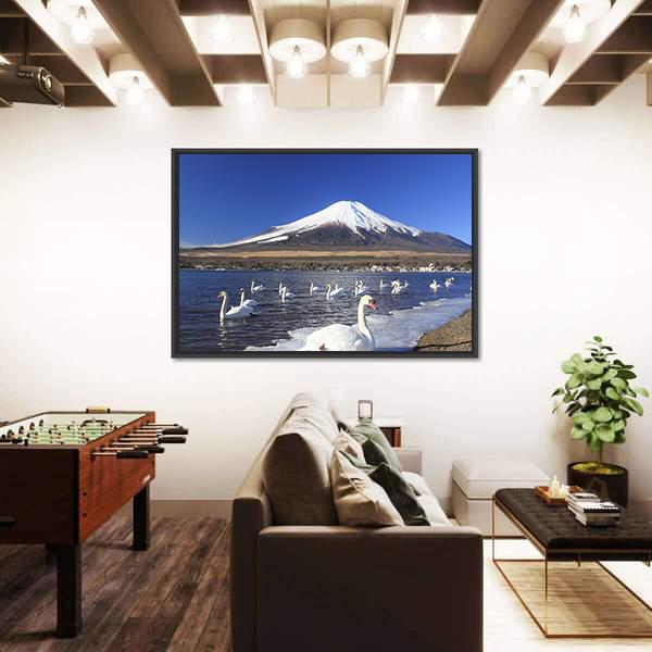 Swans Infront Of Mount Fuji Canvas Wall Art-3 Horizontal-Gallery Wrap-25" x 16"-Tiaracle