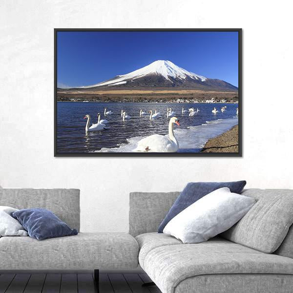 Swans Infront Of Mount Fuji Canvas Wall Art-3 Horizontal-Gallery Wrap-25" x 16"-Tiaracle