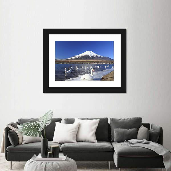 Swans Infront Of Mount Fuji Canvas Wall Art-3 Horizontal-Gallery Wrap-25" x 16"-Tiaracle