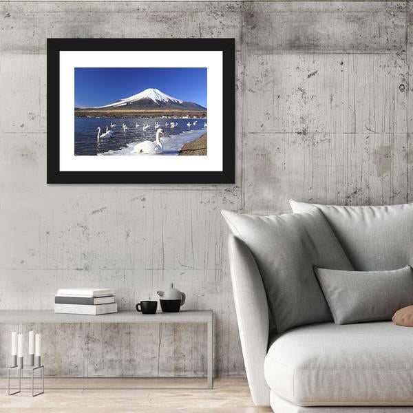 Swans Infront Of Mount Fuji Canvas Wall Art-3 Horizontal-Gallery Wrap-25" x 16"-Tiaracle