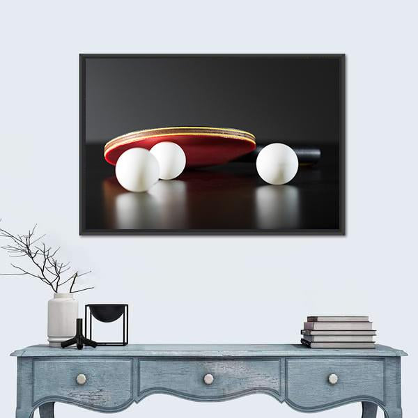 Table Tennis Racket And Balls On Dark Table Canvas Wall Art-1 Piece-Floating Frame-24" x 16"-Tiaracle