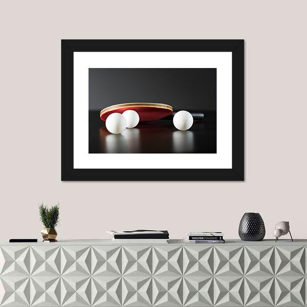 Table Tennis Racket And Balls On Dark Table Canvas Wall Art-1 Piece-Framed Print-20" x 16"-Tiaracle