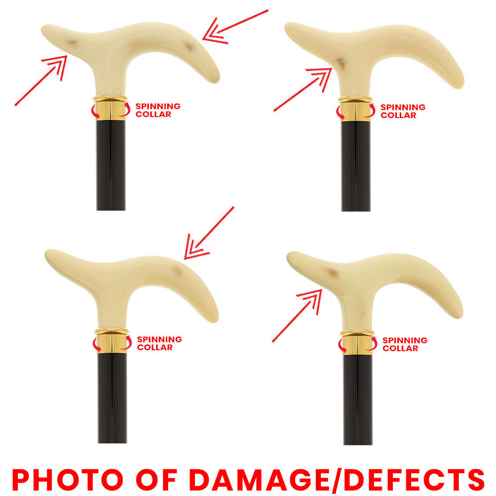 Spazierstock mit Griff aus Elfenbeinimitat mit Kratzern und Dellen, schwarzer Buchenholzschaft und Messingmanschette, V223625
