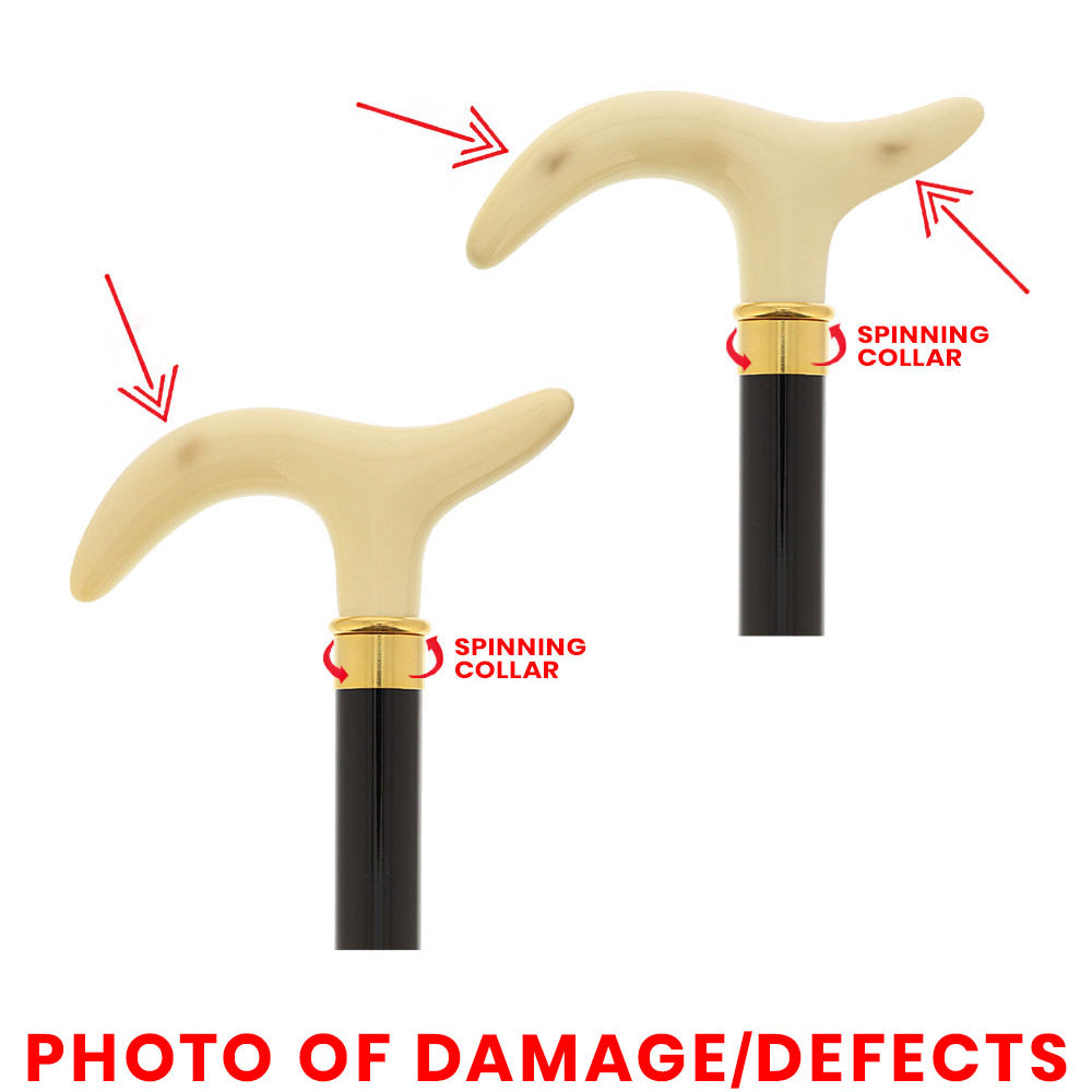 Spazierstock mit Griff aus Elfenbeinimitat mit Kratzern und Dellen, schwarzer Buchenholzschaft und Messingmanschette, V223625
